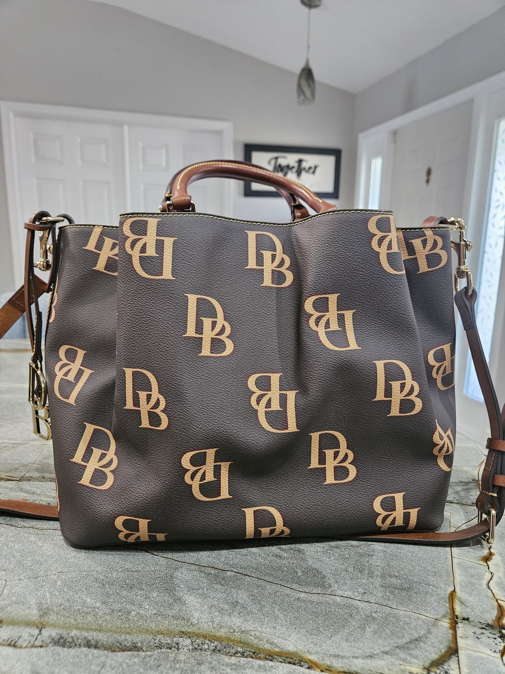Dooney & Bourke Large Monogram Barlow Satchel Brown DB Charm Crossbody